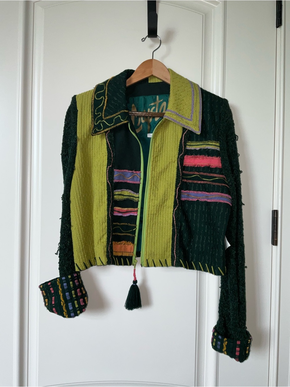Patchwork Green Cropped Jean Jacket with Tassel Zip